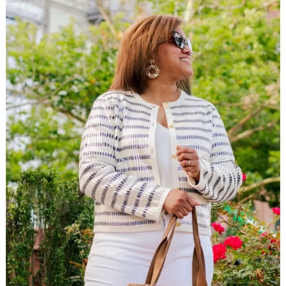 J. CREW Emilie Sweater Lady Jacket In Sequin Stripe Size Medium